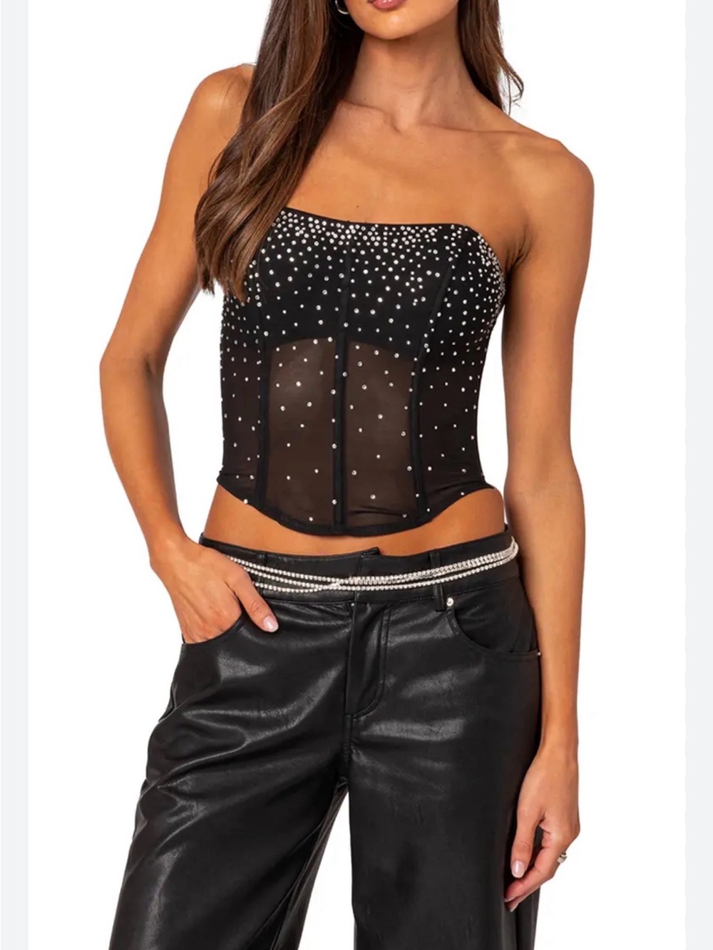 Edikted Rhinestone‎ Mesh Corset Top Womens XS Black Strapless Zip Y2K Glam